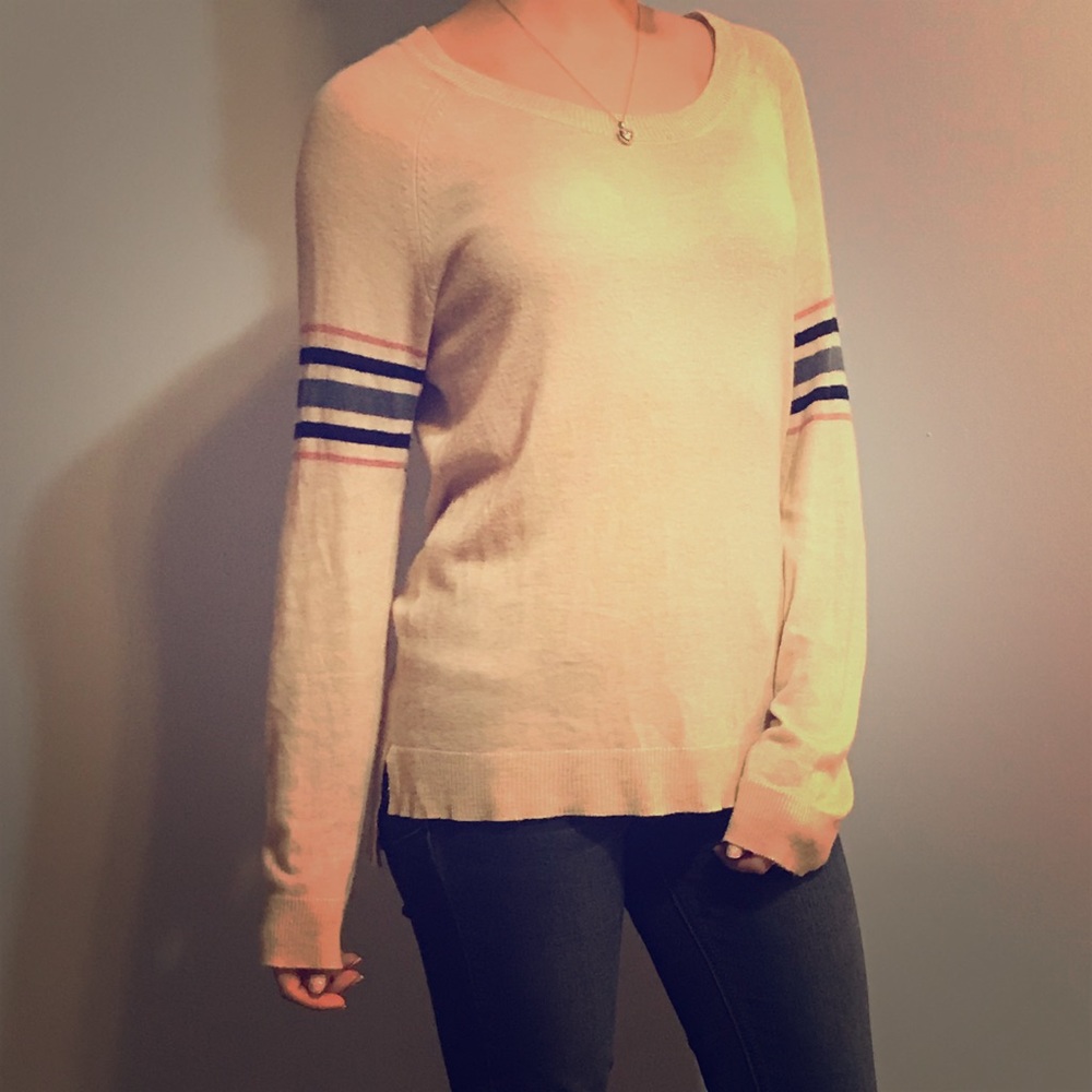 Tan Sweater, Striped Sleeves